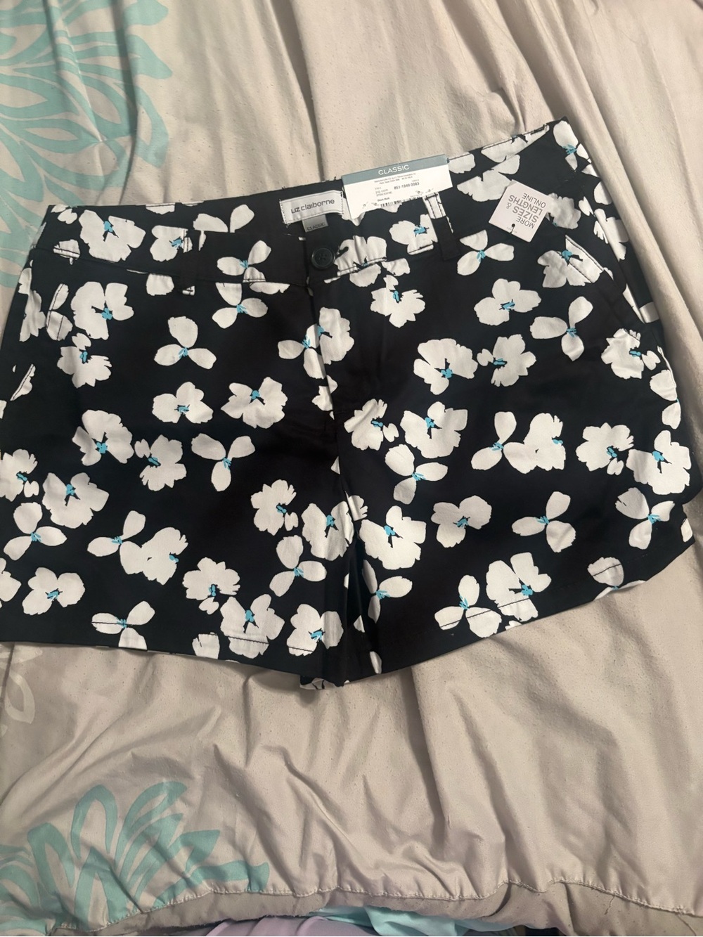 Liz Claiborne Black Floral Bermuda Shorts with White and Blue Accents